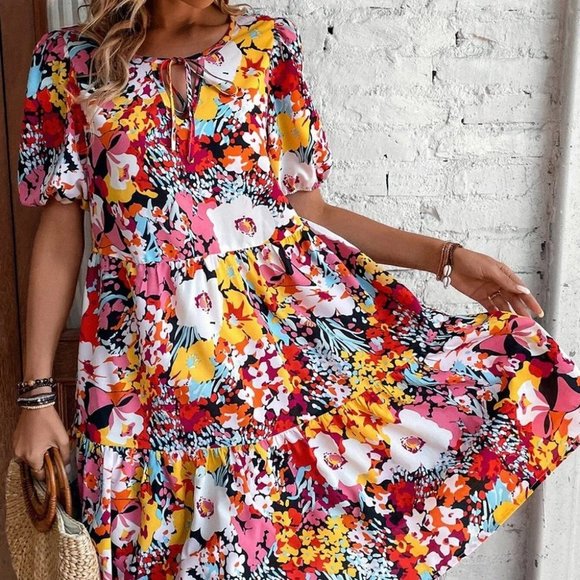 . Dresses & Skirts - Multicolor Preppy Womens Floral Print Tie Neck Ruffle Hem Smock Dress